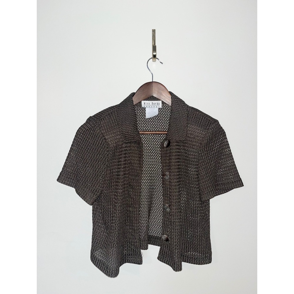 Miss Dorby Y2K Petite Green Crochet‎ Open Knit Short Sleeve Button Up 2000s | 6